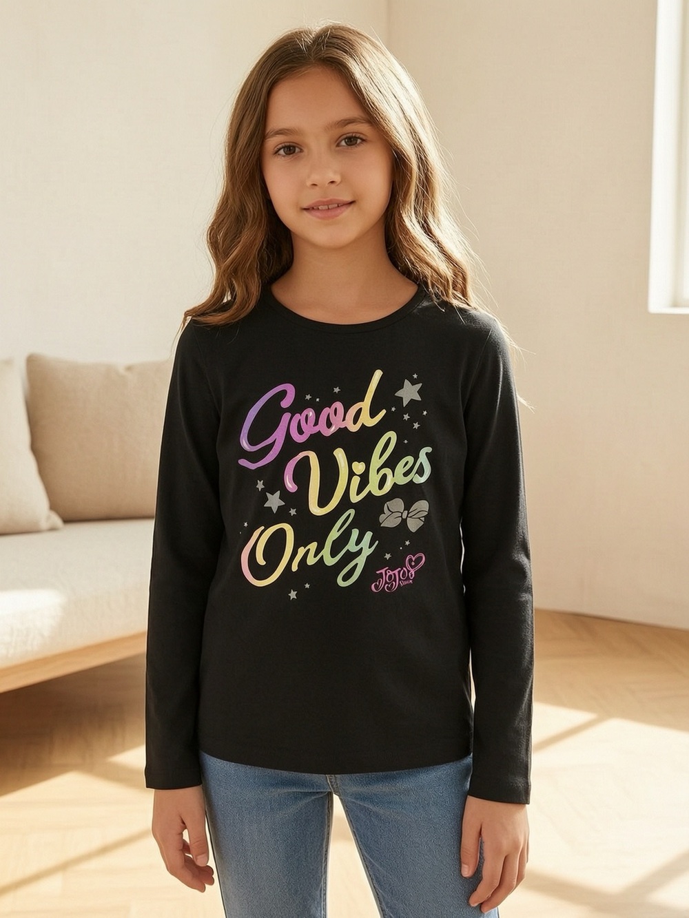 JoJo Siwa Black Long-Sleeve Tee with Pastel 'Good Vibes Only' Graphic